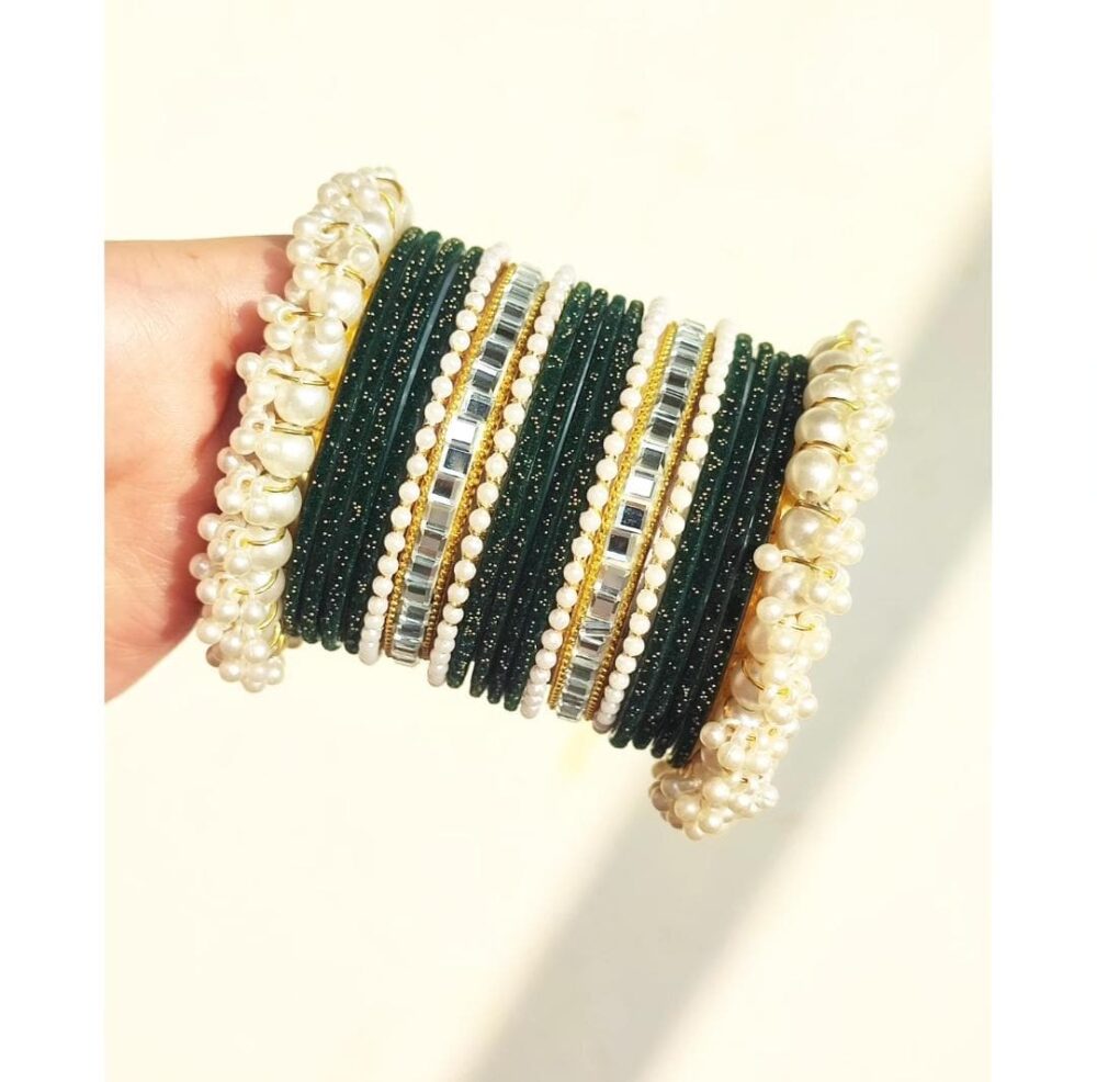 Emerald Green Velvet Bangles Golden Kundan Kara Pearl Gajra Set