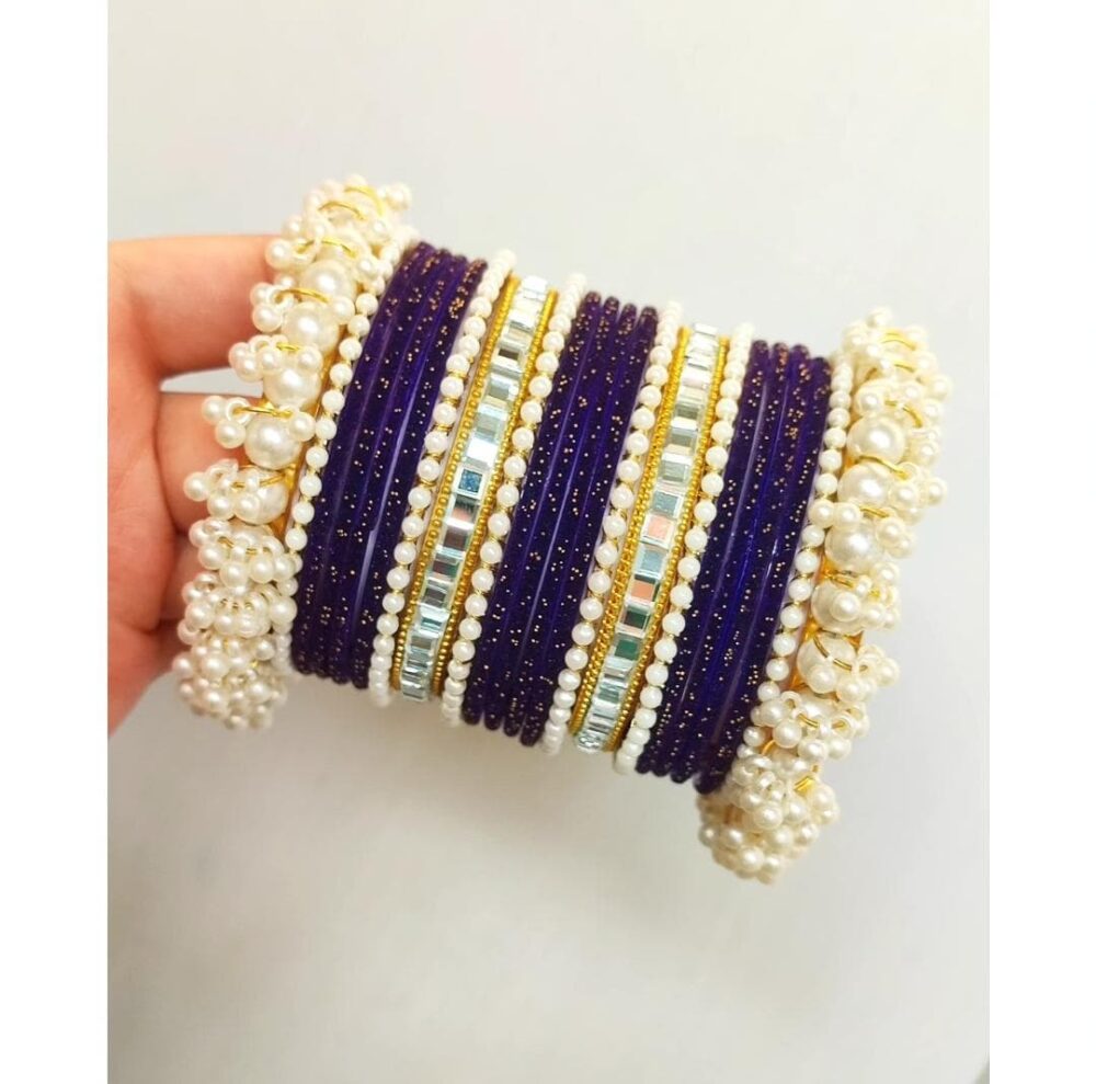 Purple Velvet Bangles Golden Kundan Kara Pearl Gajra Set