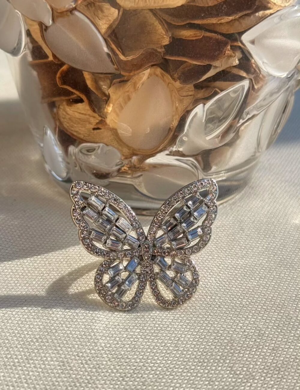 Big Silver Adjustable Butterfly Rhinestone Ring