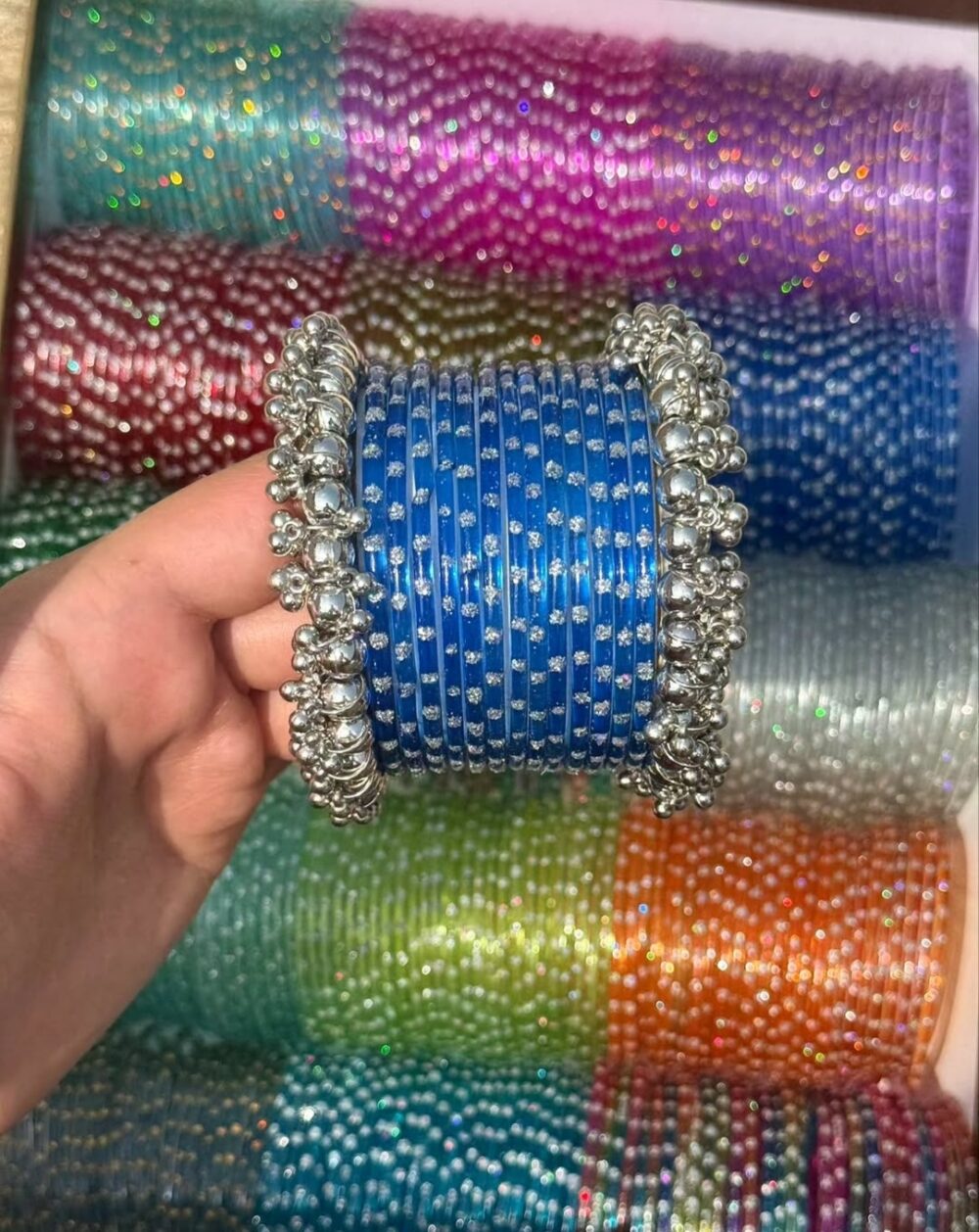 Dark Blue RainDrop Glass Bangles Silver Gajra Set