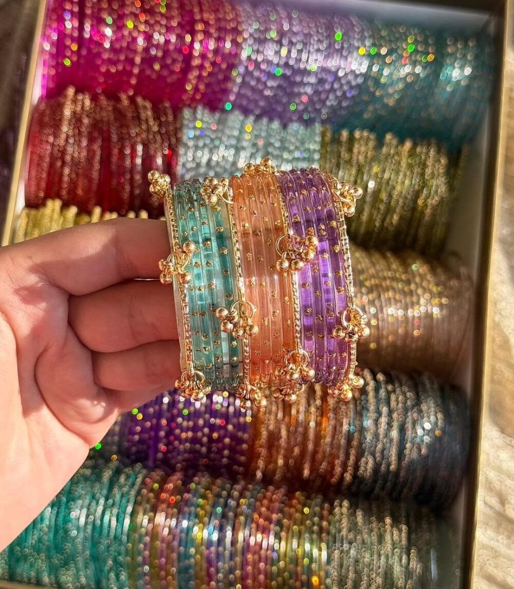 RainDrop Glass Bangles with Golden Kashmiri Ghongro Bangles