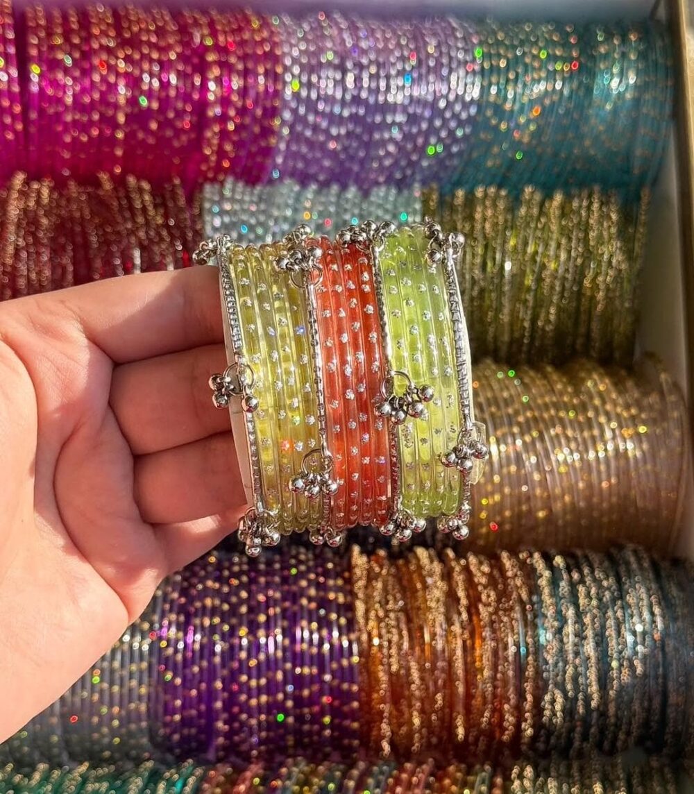 RainDrop Glass Bangles With Silver Ghongro
