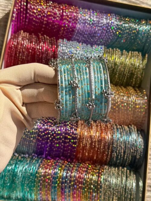 Blue RainDrop Glass Bangles with Silver Ghongroo