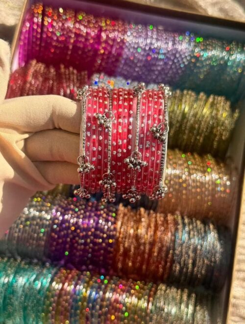 Red RainDrop Glass Bangles Silver Ghongroo