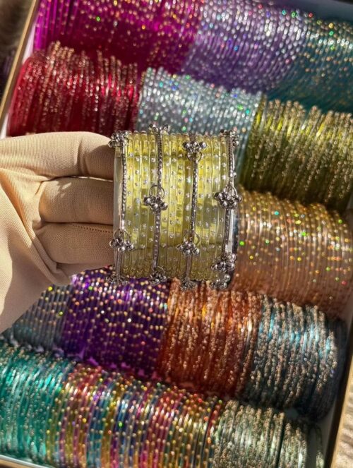 Lemon Yellow RainDrop Glass Bangles Silver Ghongroo
