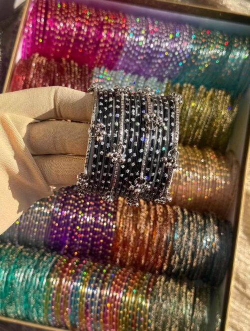 Black RainDrop Glass Bangles Silver Ghongroo