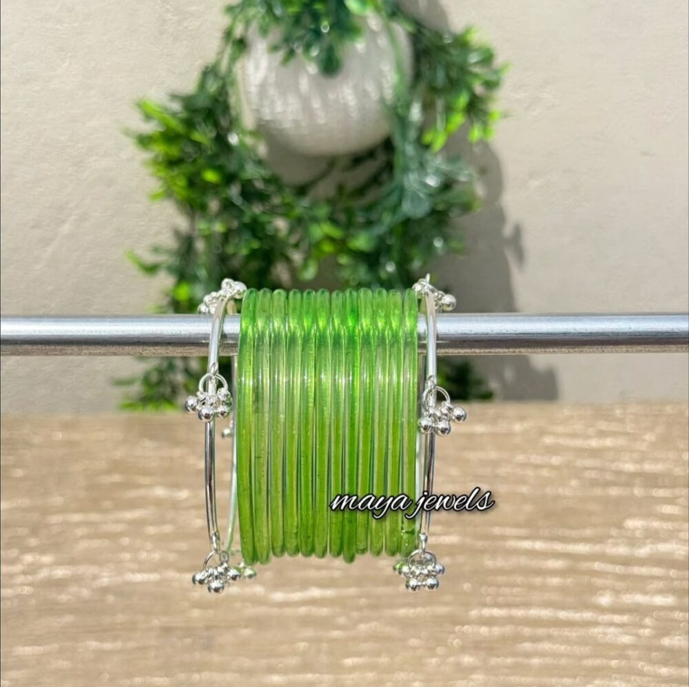 Parrot Green Jelly Bangles Silver Ghongroo