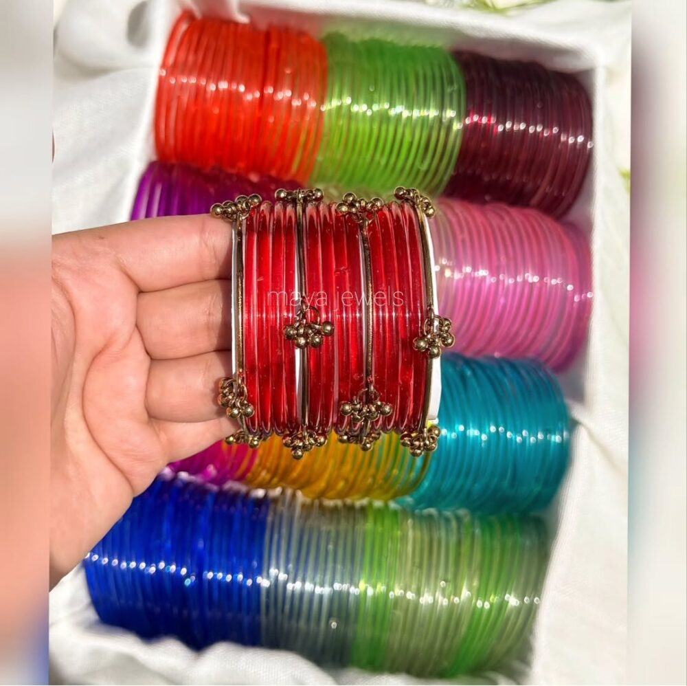 Red Jelly Bangles Antique Golden Ghongro